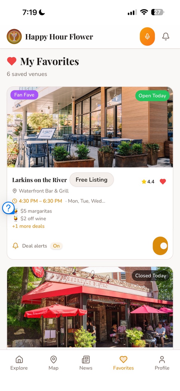 Happy Hour Flower app favorites screen with saved venues and deal alerts