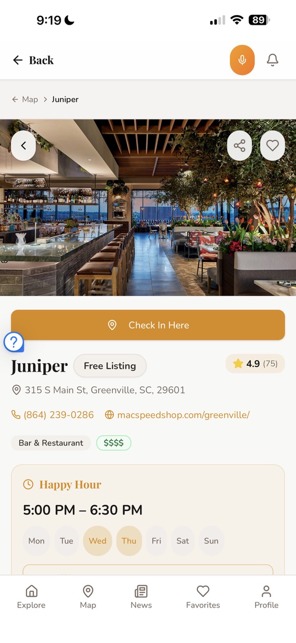 Happy Hour Flower app venue detail screen with check-in and happy hour times